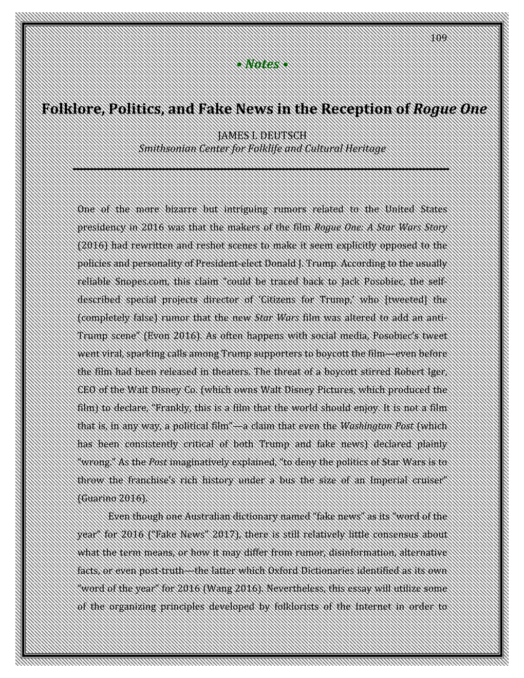 Folklore, Politics, and Fake News in the Reception of Rogue One