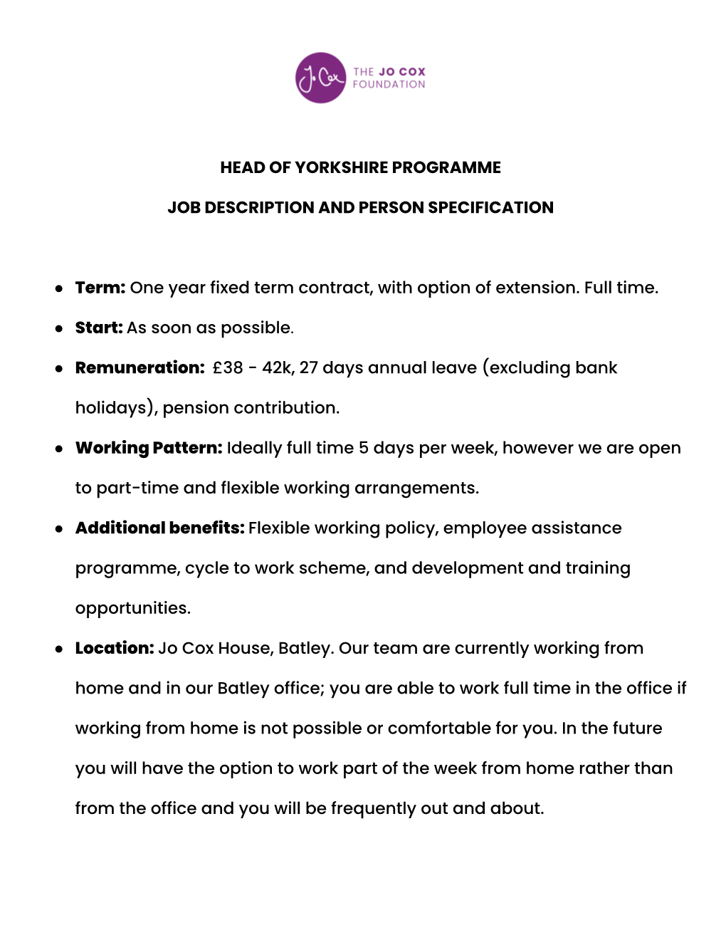 Head of Yorkshire Programme Job Description And