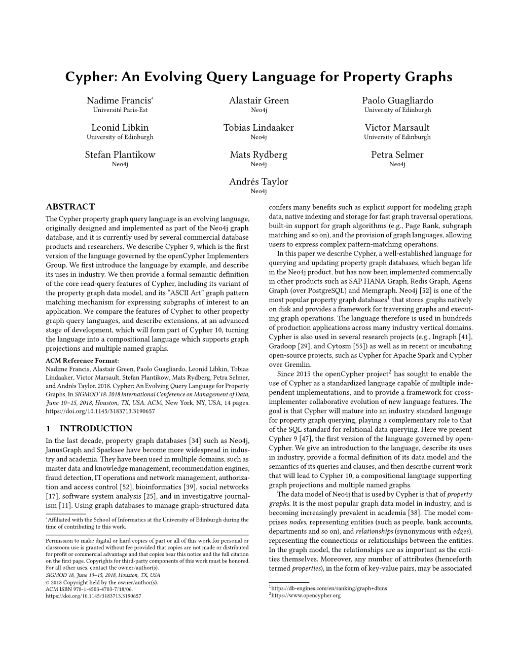 Cypher: an Evolving Query Language for Property Graphs