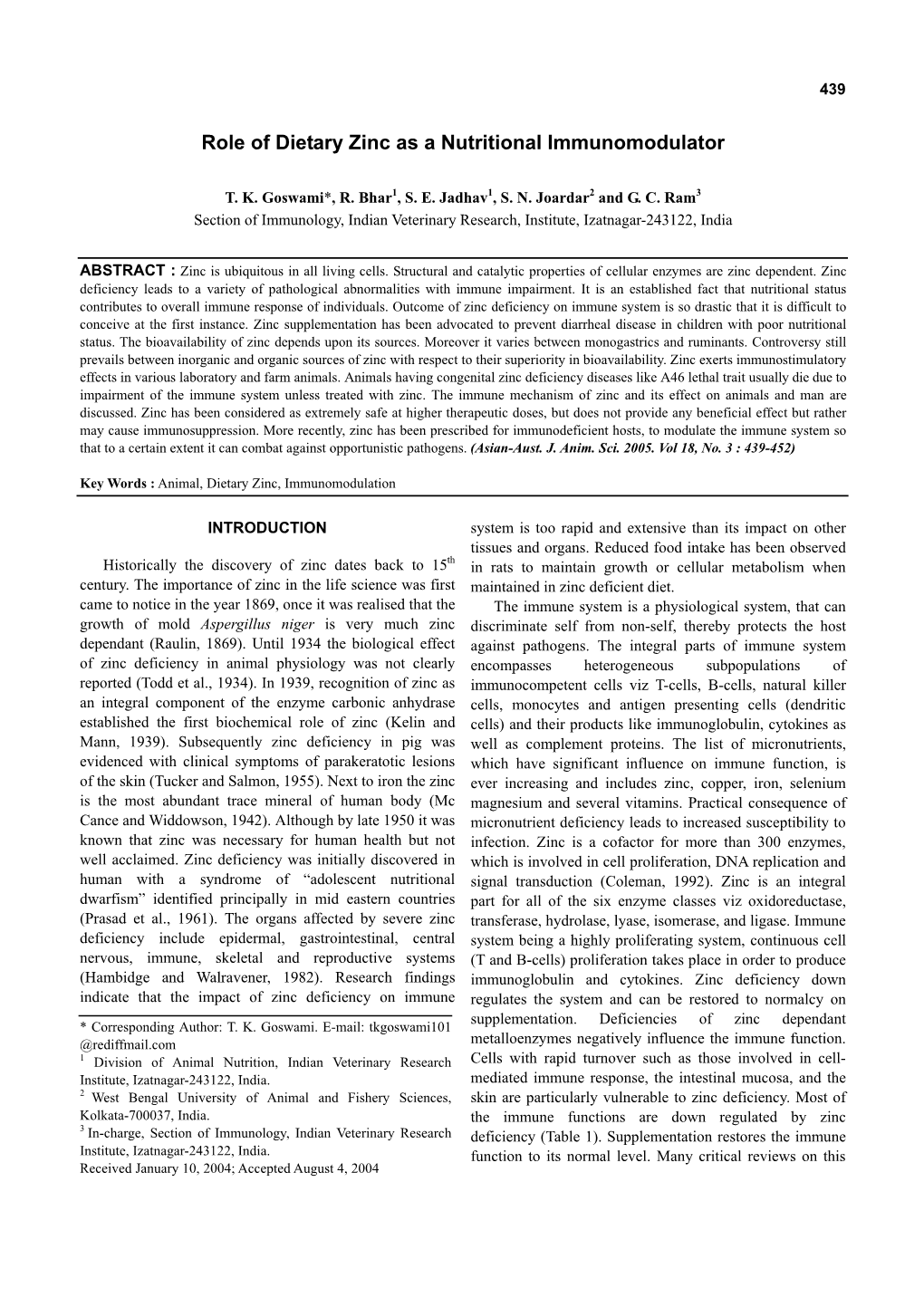 Role of Dietary Zinc As a Nutritional Immunomodulator