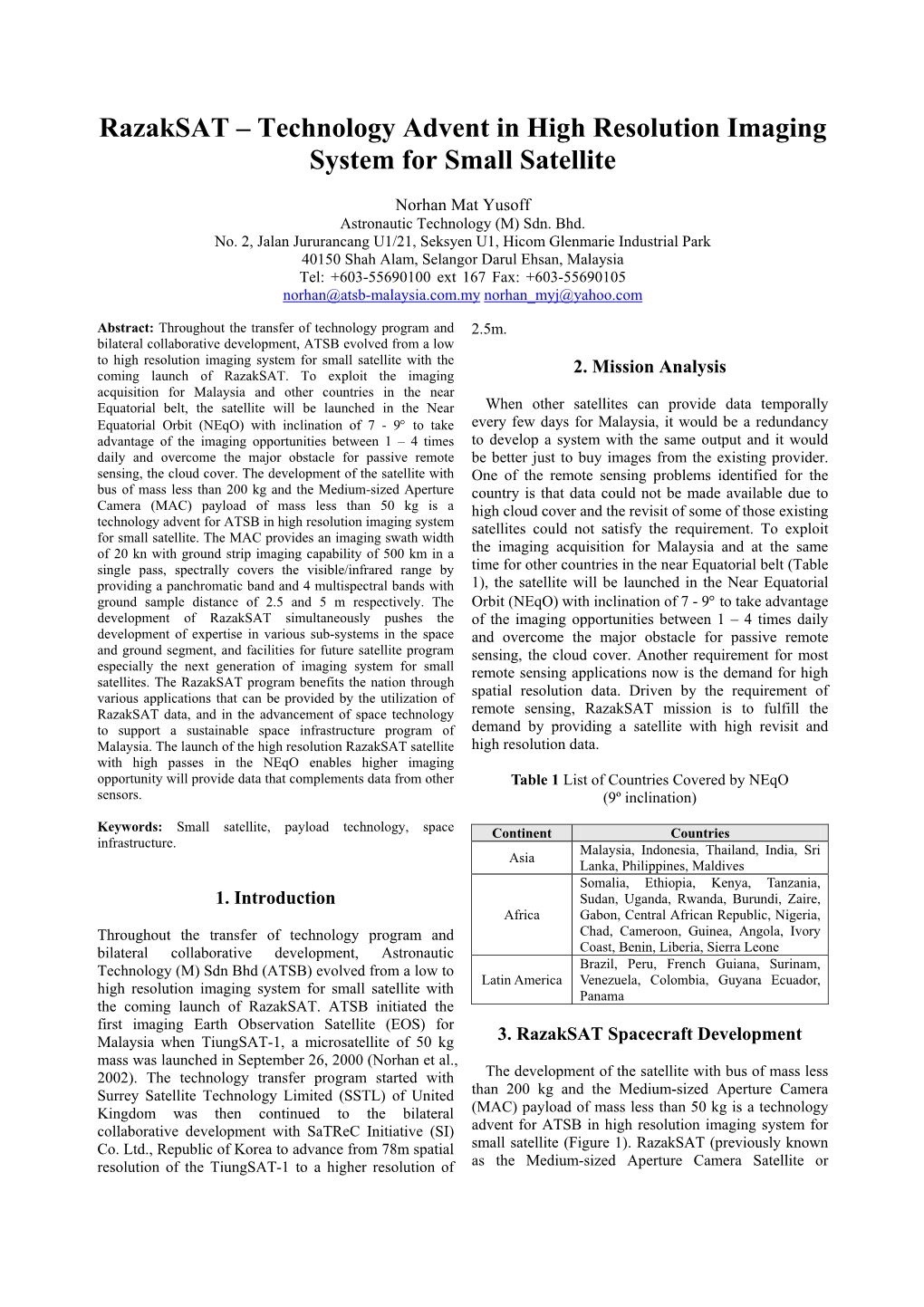 Razaksat – Technology Advent in High Resolution Imaging System for Small Satellite