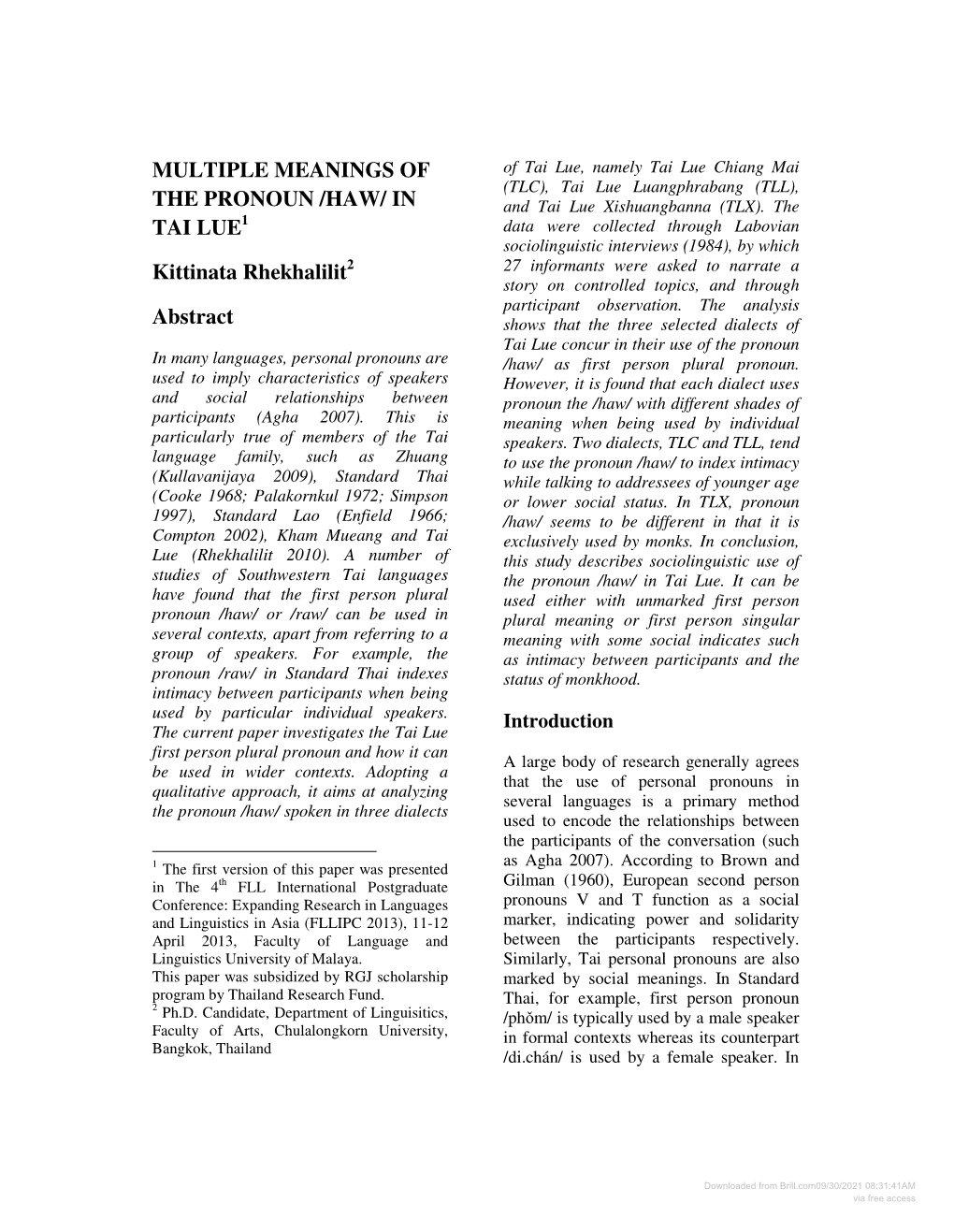 Downloaded from Brill.Com09/30/2021 08:31:41AM Via Free Access Multiple Meanings of the Pronoun /Haw/ in Tai Lue