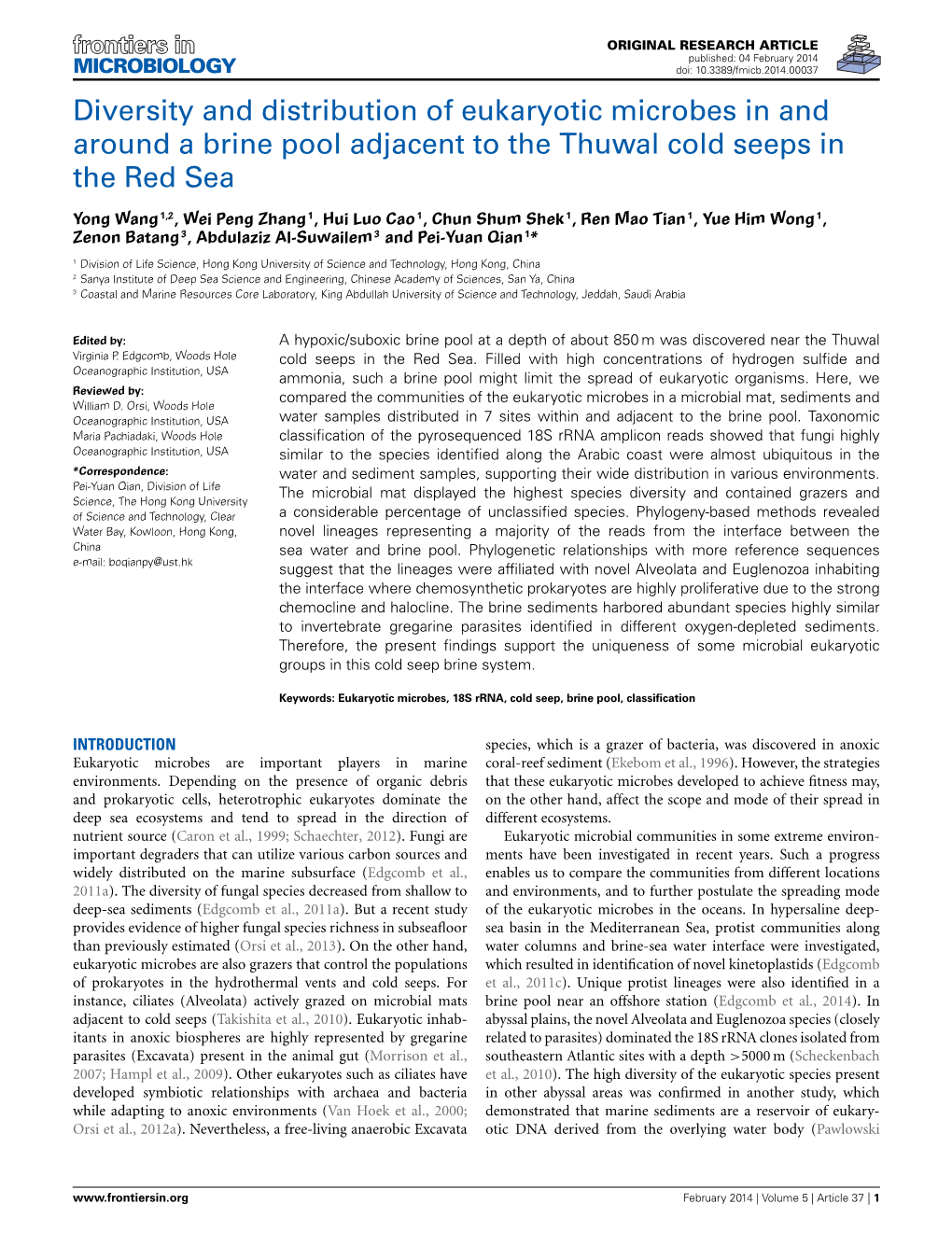 Diversity and Distribution of Eukaryotic Microbes in and Around a Brine Pool Adjacent to the Thuwal Cold Seeps in the Red Sea