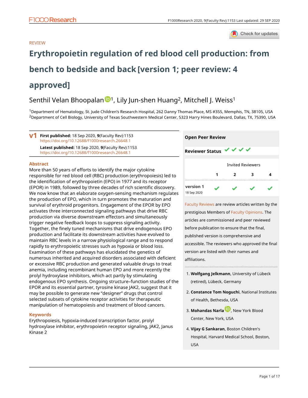 Erythropoietin Regulation of Red Blood Cell Production: from Bench to Bedside and Back [Version 1; Peer Review: 4 Approved]