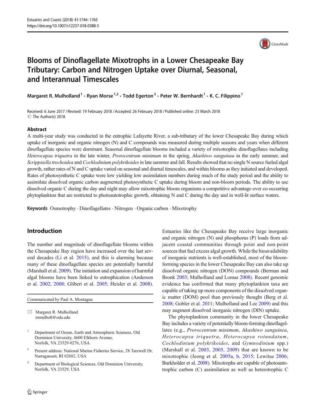 Blooms of Dinoflagellate Mixotrophs in a Lower Chesapeake Bay Tributary: Carbon and Nitrogen Uptake Over Diurnal, Seasonal, and Interannual Timescales