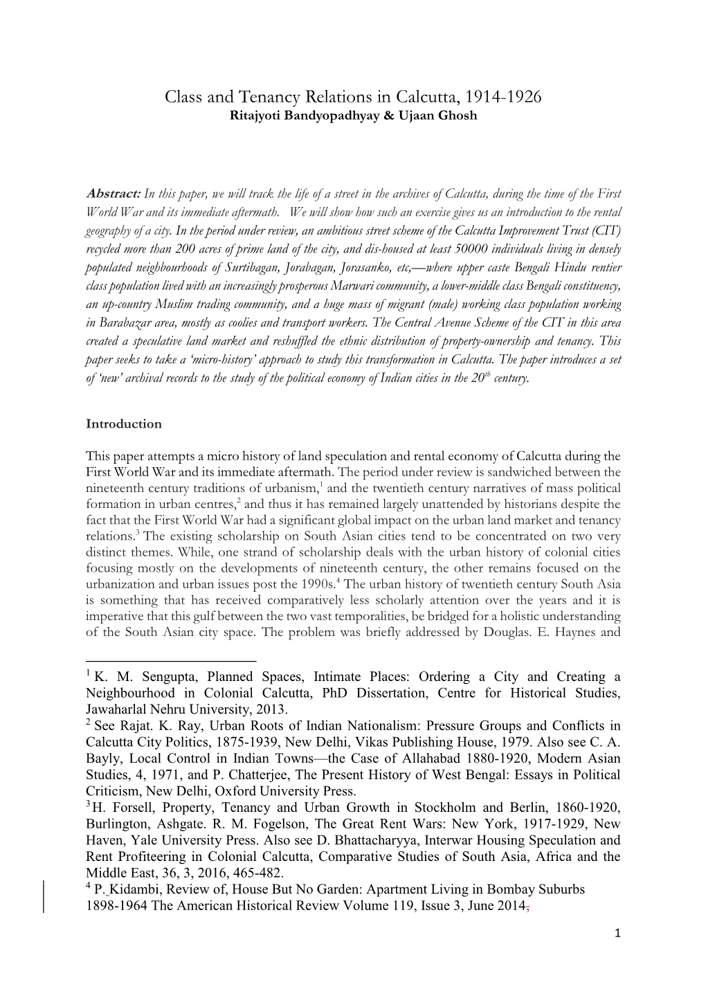 Class and Tenancy Relations in Calcutta, 1914-1926 Ritajyoti Bandyopadhyay & Ujaan Ghosh