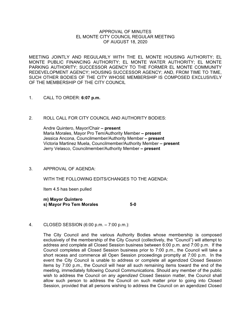 Approval of Minutes El Monte City Council Regular Meeting of August 18, 2020