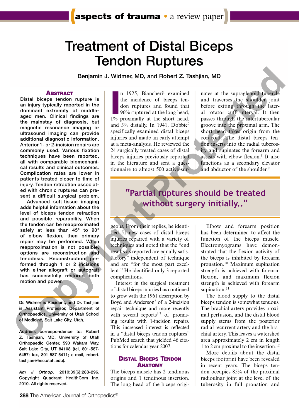 Treatment of Distal Biceps Tendon Ruptures Benjamin J