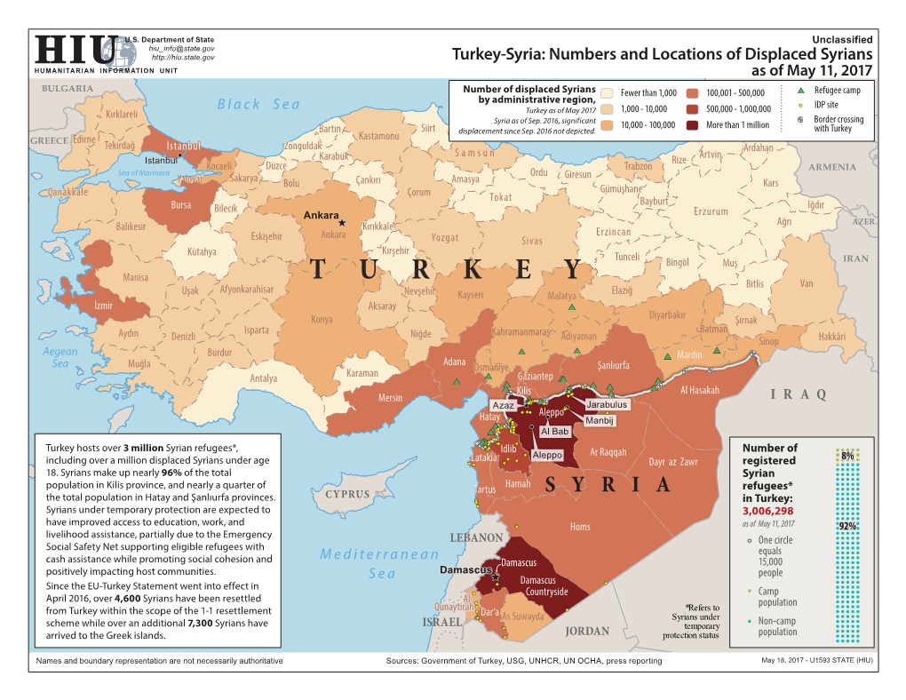 Turkey-Syria: Numbers and Locations of Displaced Syrians As of May 11 2017