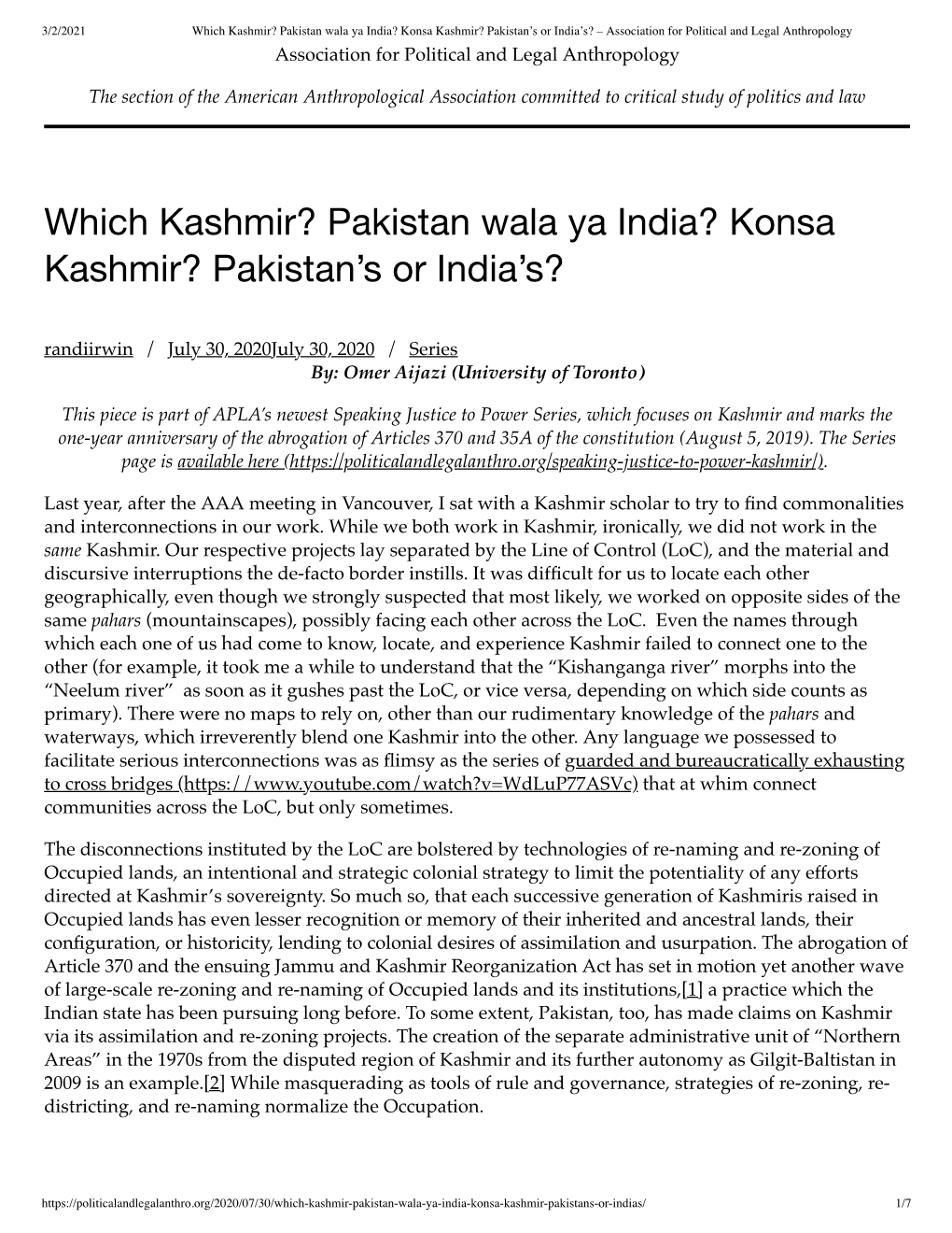 Which Kashmir? Pakistan Wala Ya India?