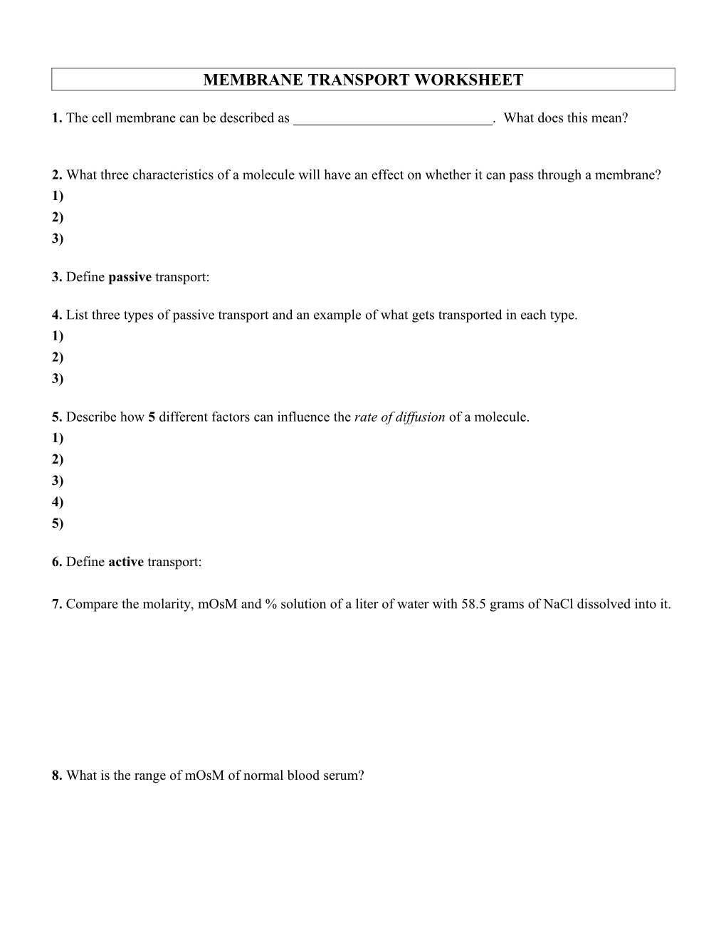 Membrane Transport Worksheet