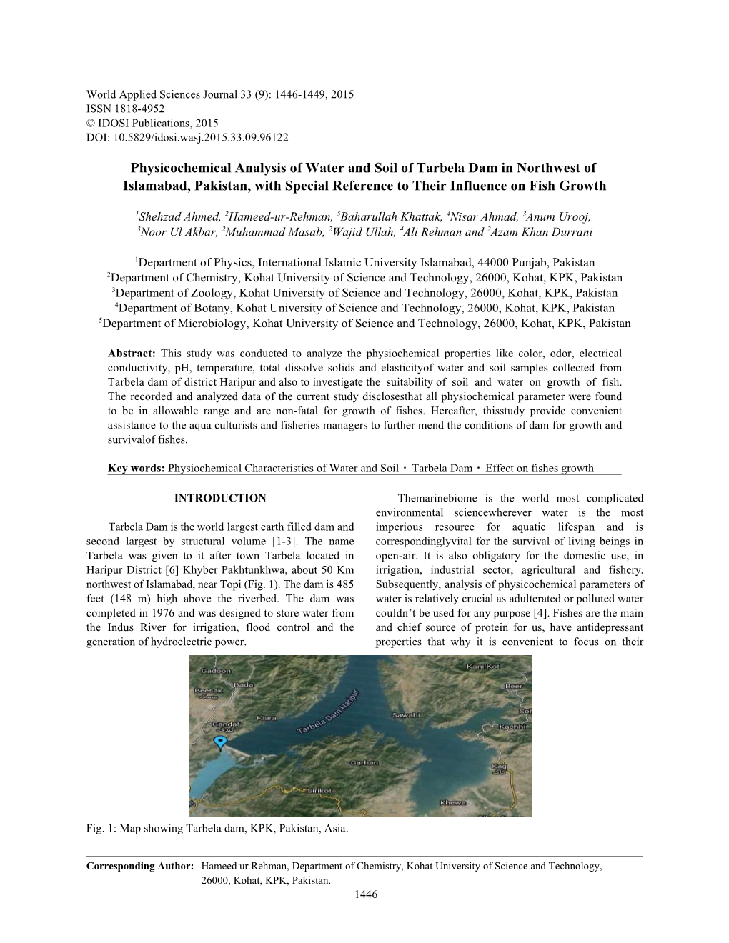 Physicochemical Analysis of Water and Soil of Tarbela Dam in Northwest of Islamabad, Pakistan, with Special Reference to Their Influence on Fish Growth