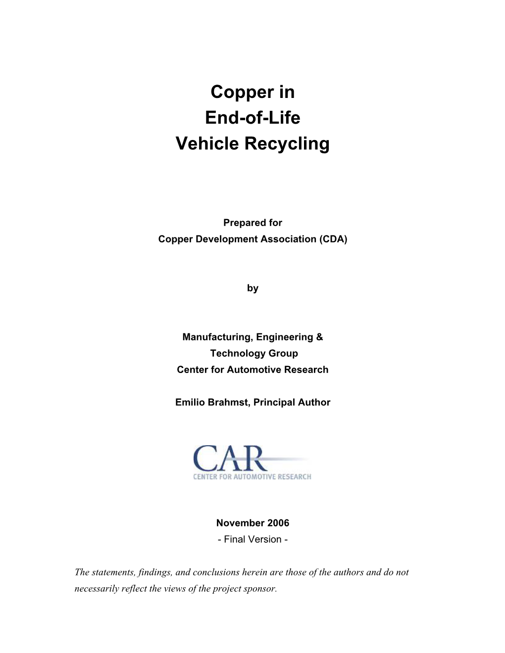 Copper in End-Of-Life Vehicle Recycling