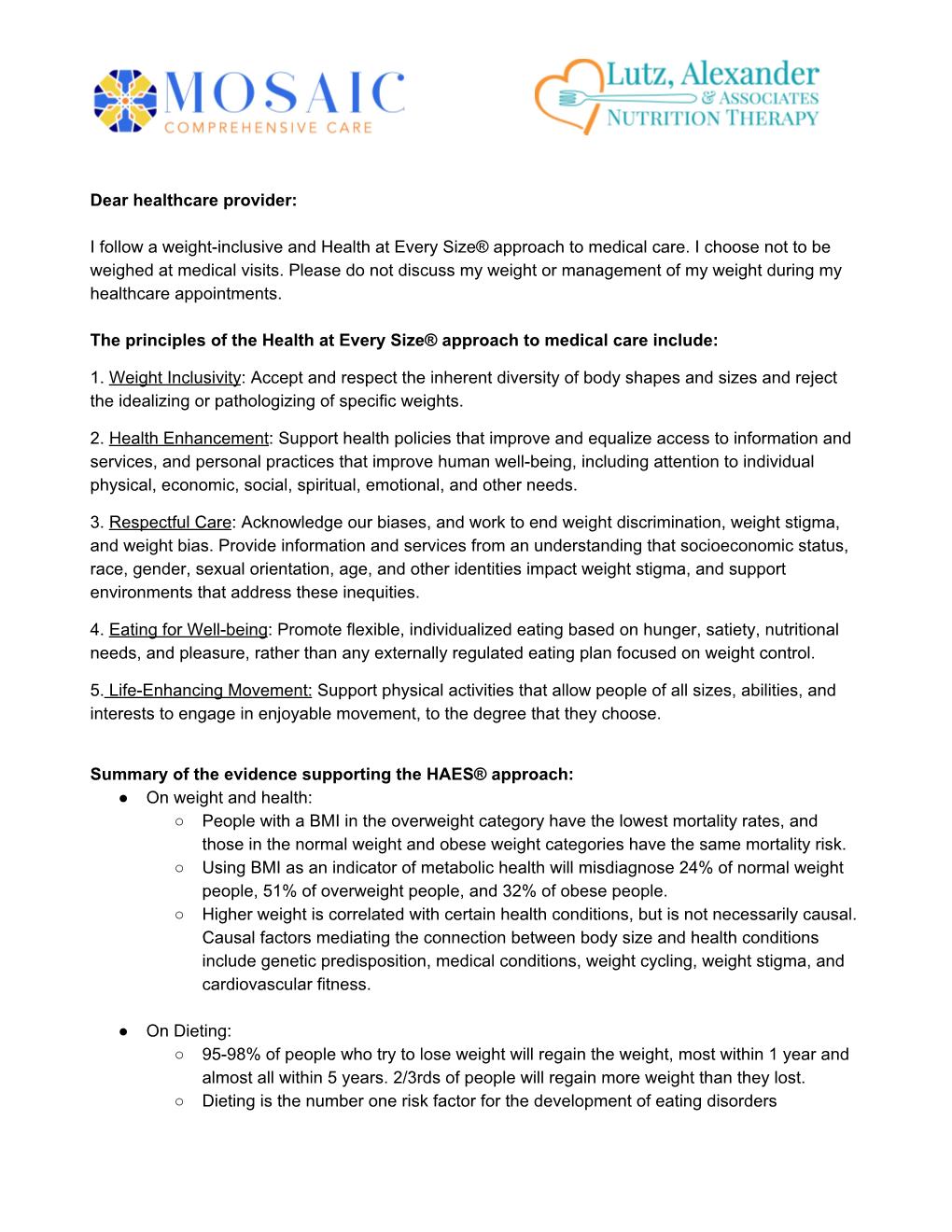 Weight-Inclusive Care Letter