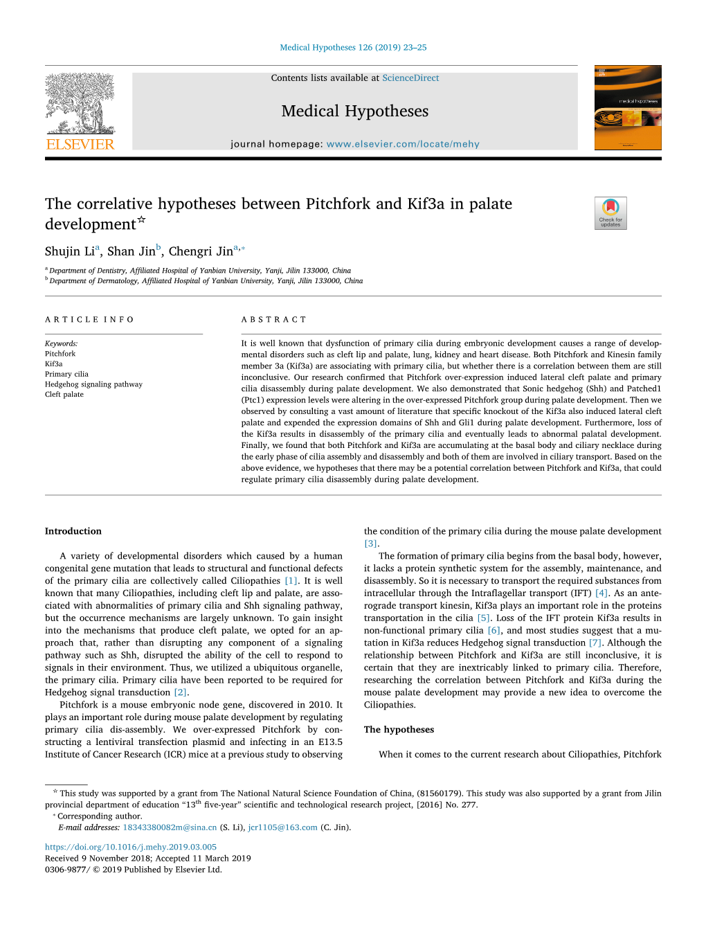 The Correlative Hypotheses Between Pitchfork and Kif3a in Palate Development