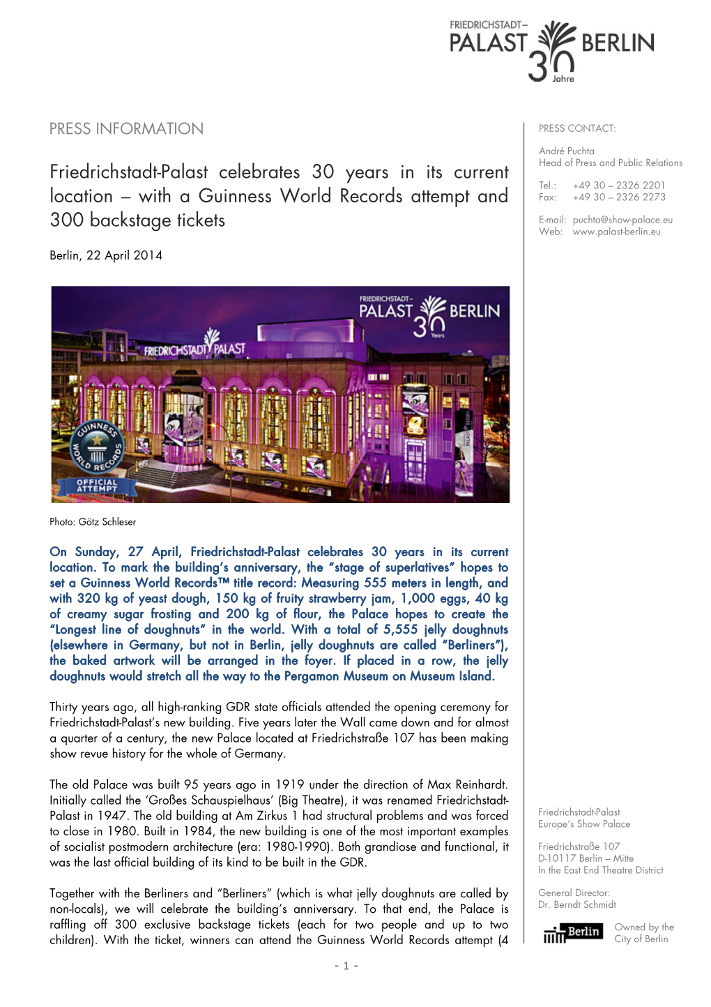 Friedrichstadt-Palast Celebrates 30 Years in Its Current Location – with A