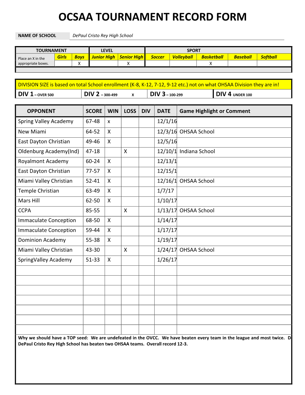 Ocsaa Tournament Record Form