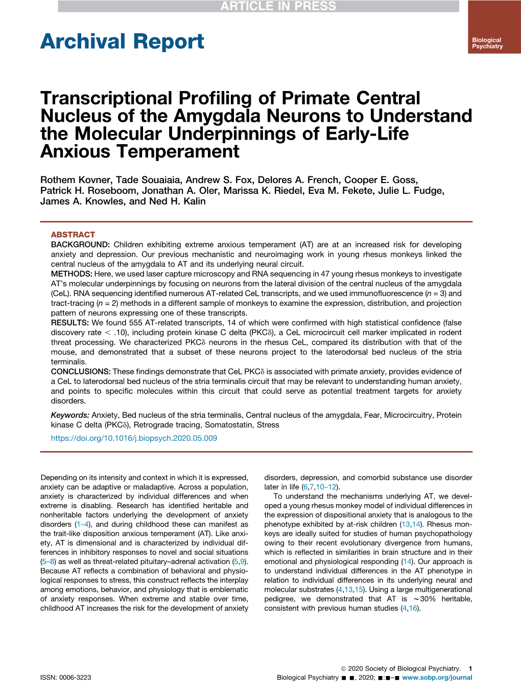 Transcriptional Profiling of Primate Central Nucleus of The