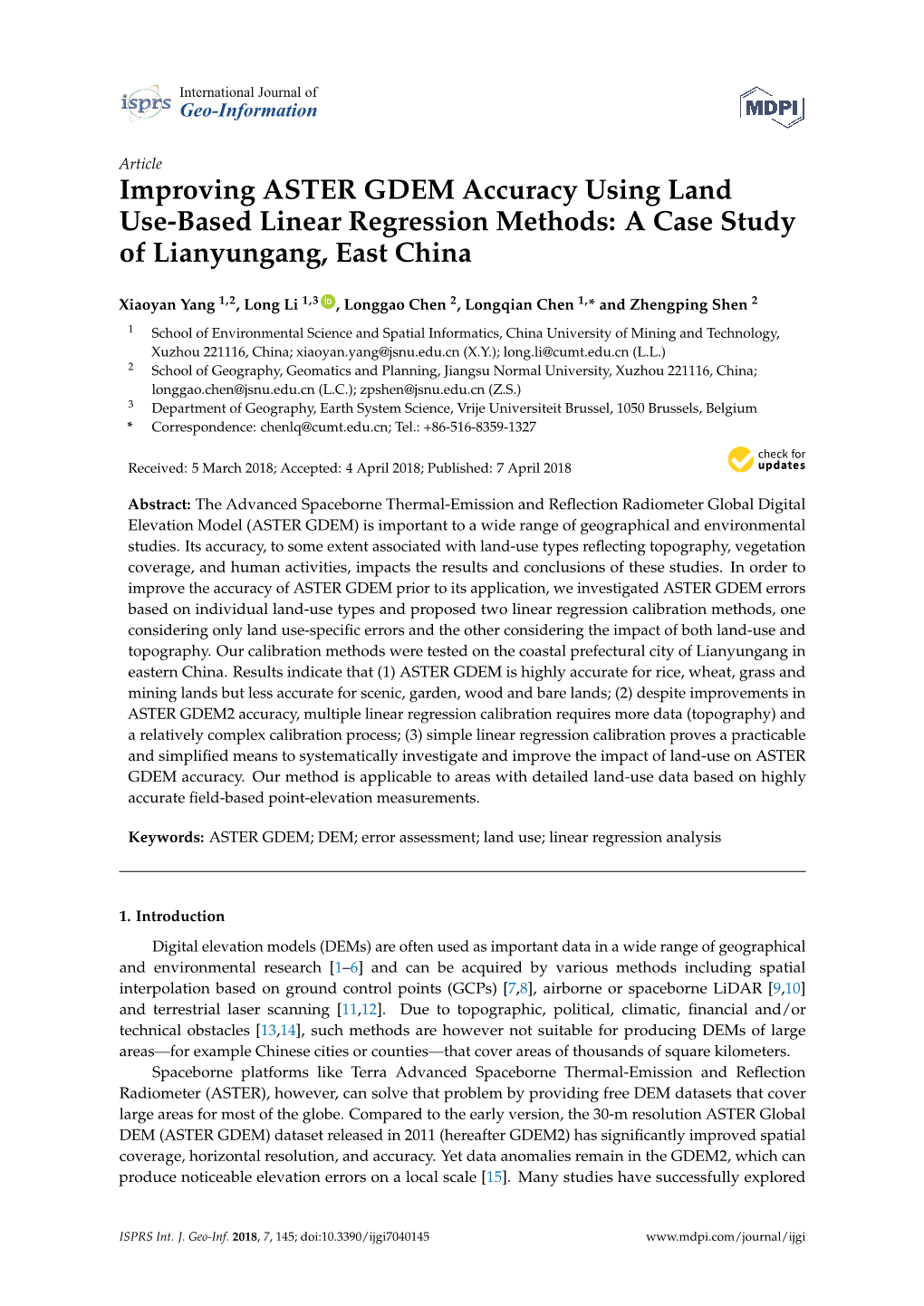 Improving ASTER GDEM Accuracy Using Land Use-Based Linear Regression Methods: a Case Study of Lianyungang, East China