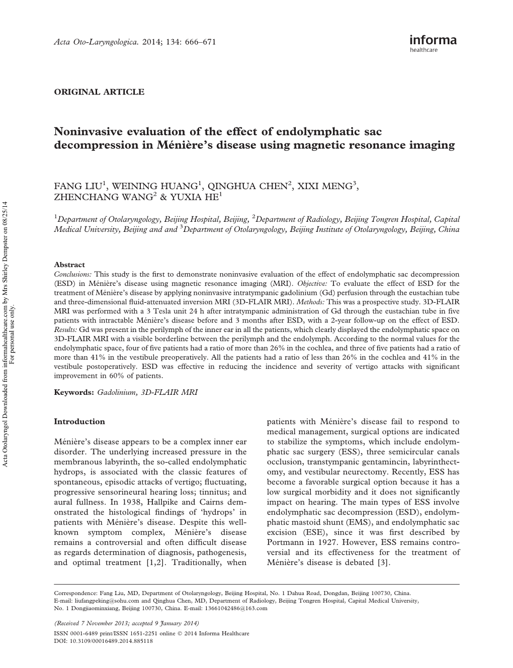 Noninvasive Evaluation of the Effect of Endolymphatic Sac Decompression in Ménière’S Disease Using Magnetic Resonance Imaging