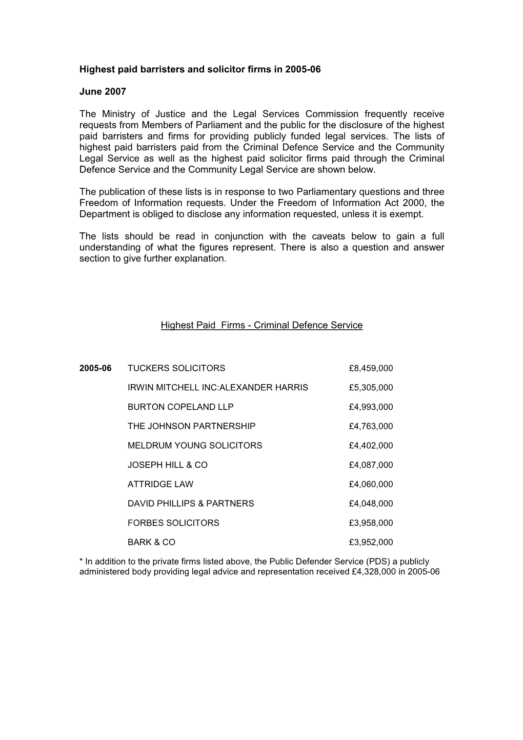 Highest Paid Barristers and Solicitor Firms in 2005-06