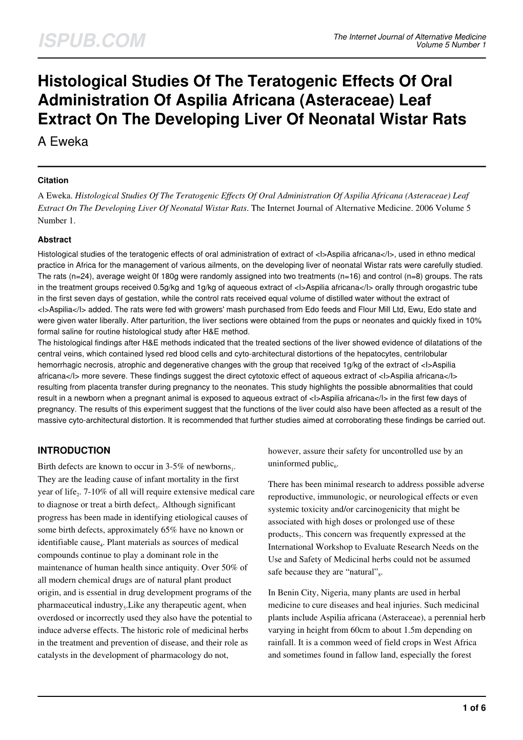 Asteraceae) Leaf Extract on the Developing Liver of Neonatal Wistar Rats a Eweka