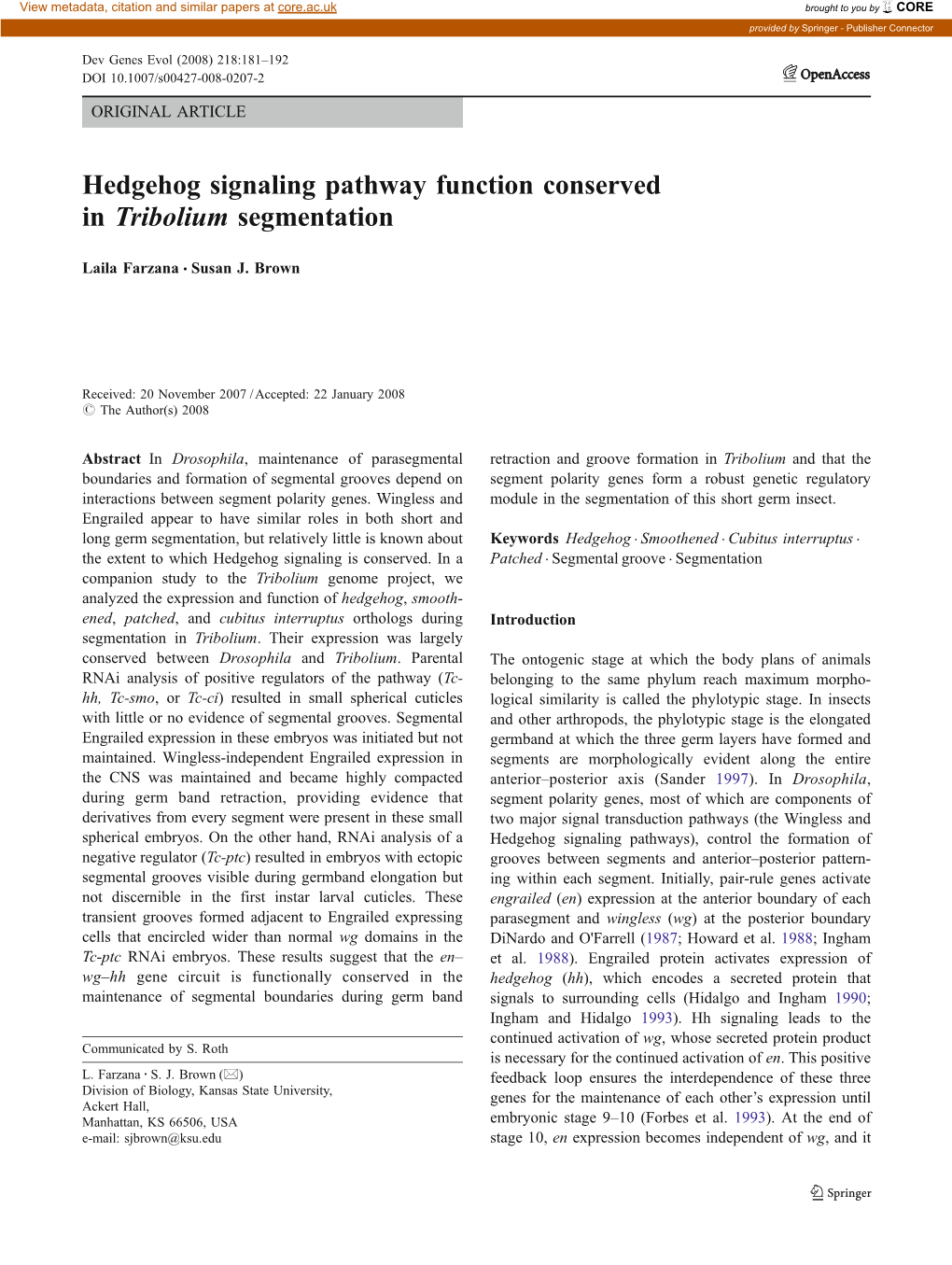 Hedgehog Signaling Pathway Function Conserved in Tribolium Segmentation