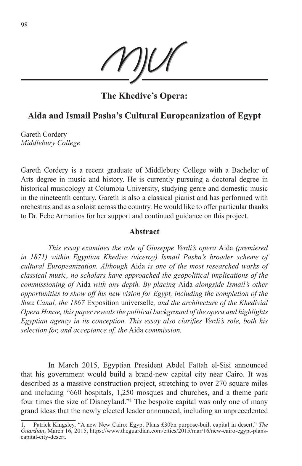 The Khedive's Opera: Aida and Ismail Pasha's Cultural Europeanization Of