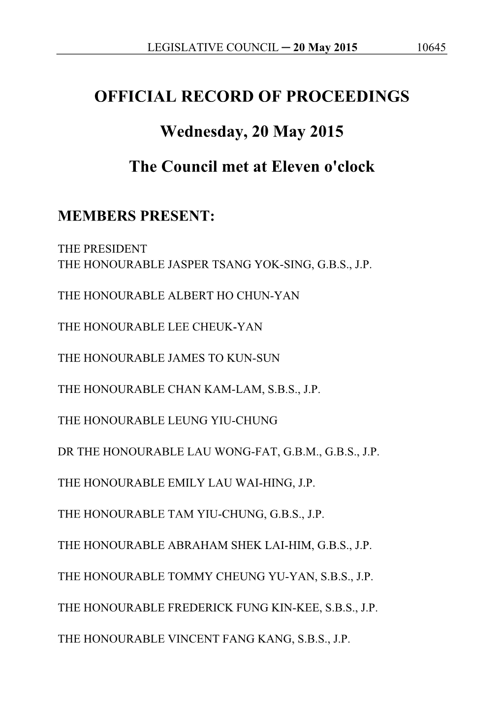 OFFICIAL RECORD of PROCEEDINGS Wednesday, 20