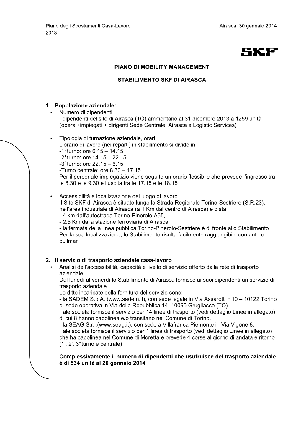 Piano Di Mobility Management Stabilimento Skf Di Airasca 1