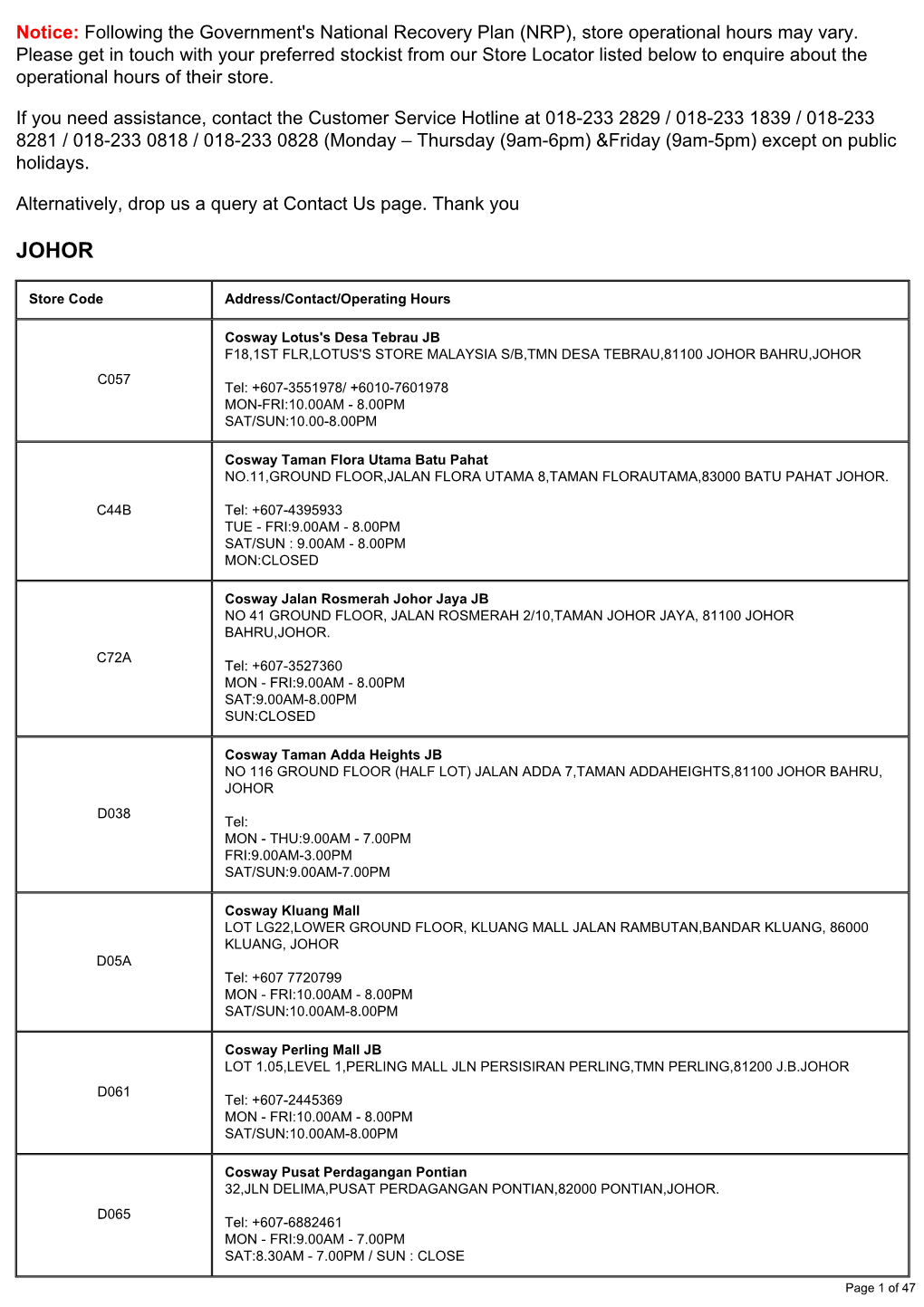 Cosway Store Listing