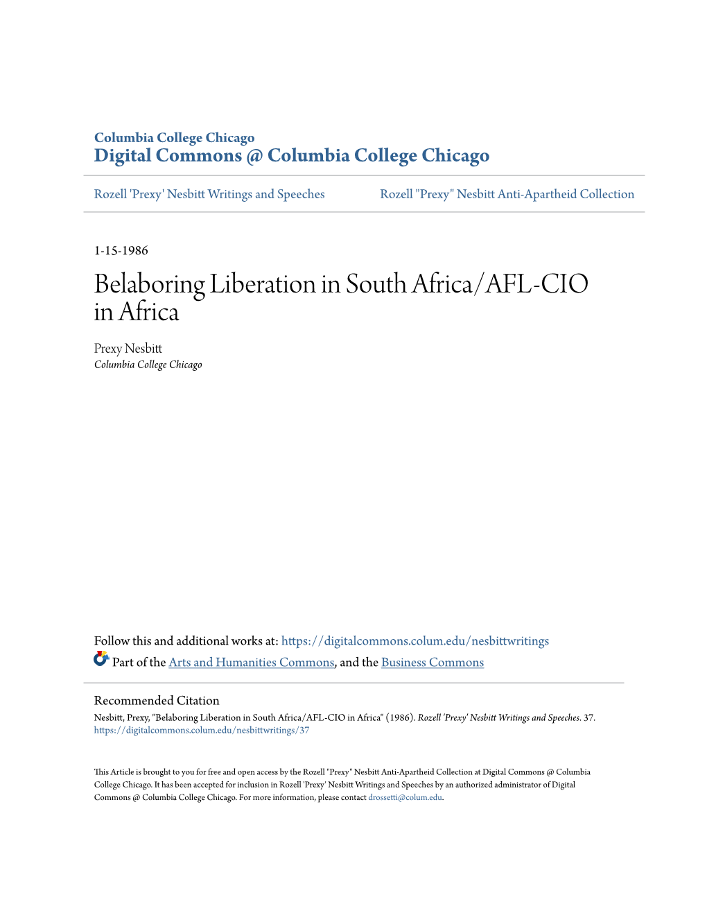 Belaboring Liberation in South Africa/AFL-CIO in Africa Prexy Nesbitt Columbia College Chicago