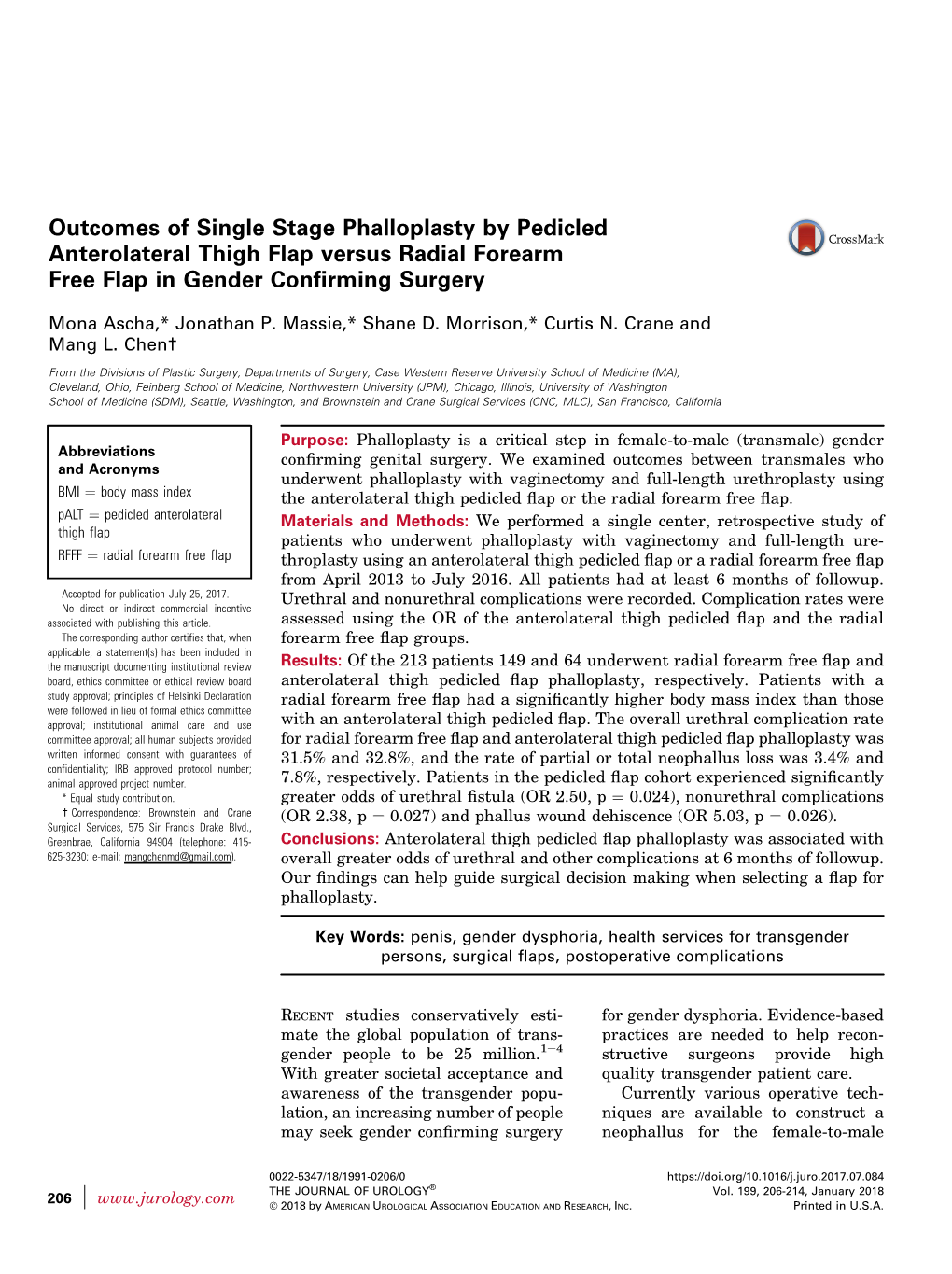 Outcomes of Single Stage Phalloplasty by Pedicled Anterolateral Thigh Flap Versus Radial Forearm Free Flap in Gender Conﬁrming Surgery