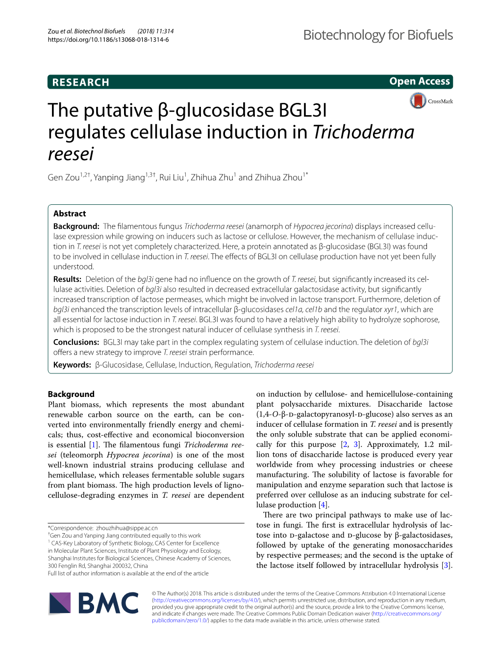 The Putative Β-Glucosidase BGL3I Regulates Cellulase Induction In