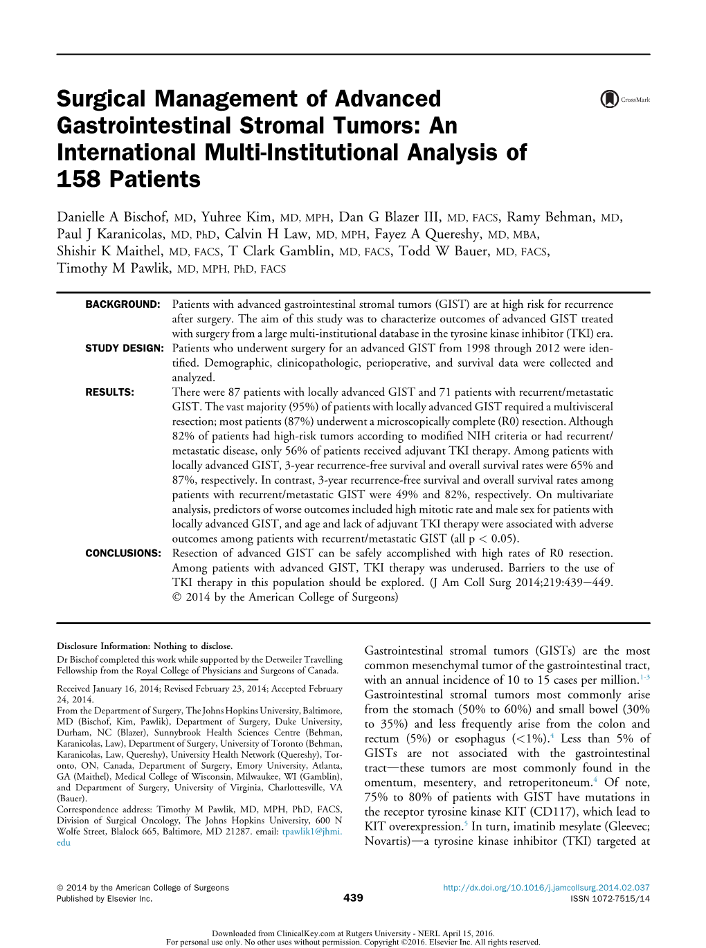 Surgical Management of Advanced Gastrointestinal Stromal Tumors: an International Multi-Institutional Analysis of 158 Patients