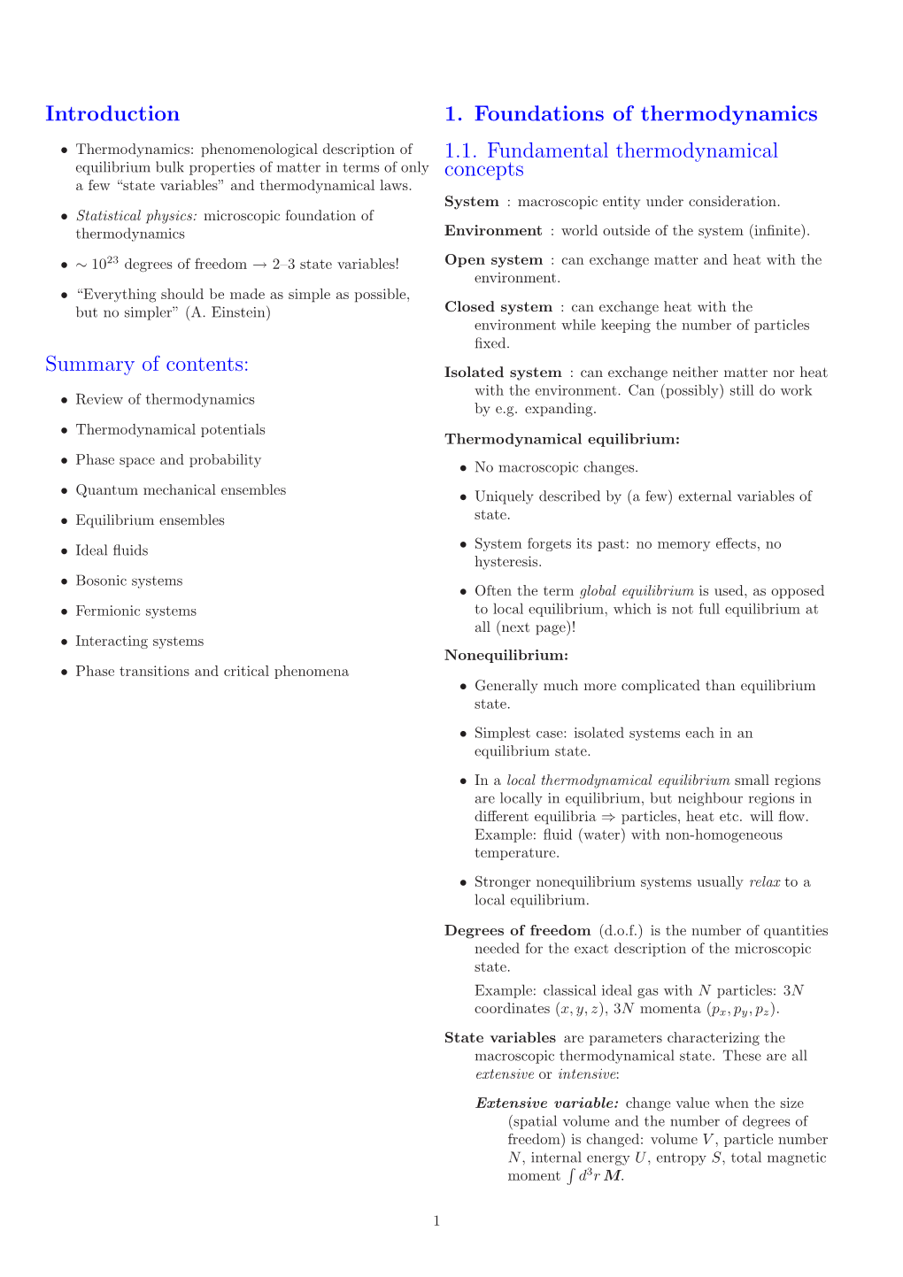 Introduction Summary of Contents: 1. Foundations of Thermodynamics 1.1