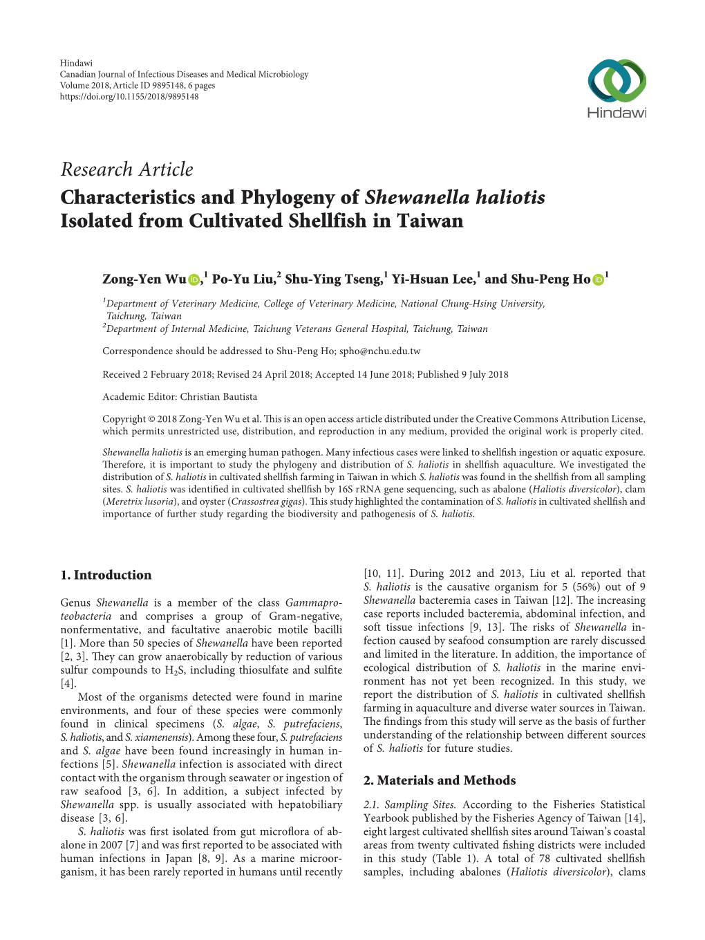 Research Article Characteristics and Phylogeny of Shewanella Haliotis Isolated from Cultivated Shellfish in Taiwan