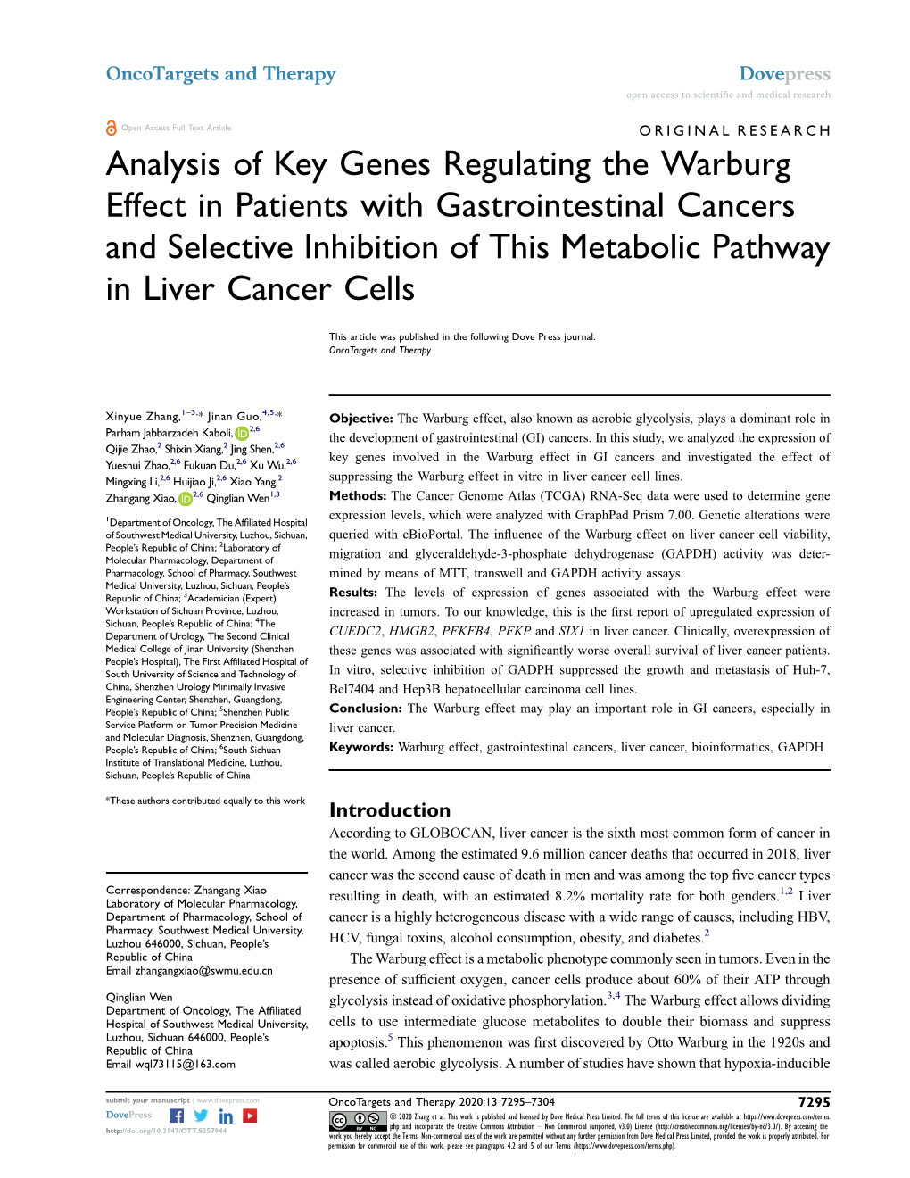 Analysis of Key Genes Regulating the Warburg Effect in Patients with Gastrointestinal Cancers and Selective Inhibition of This Metabolic Pathway in Liver Cancer Cells