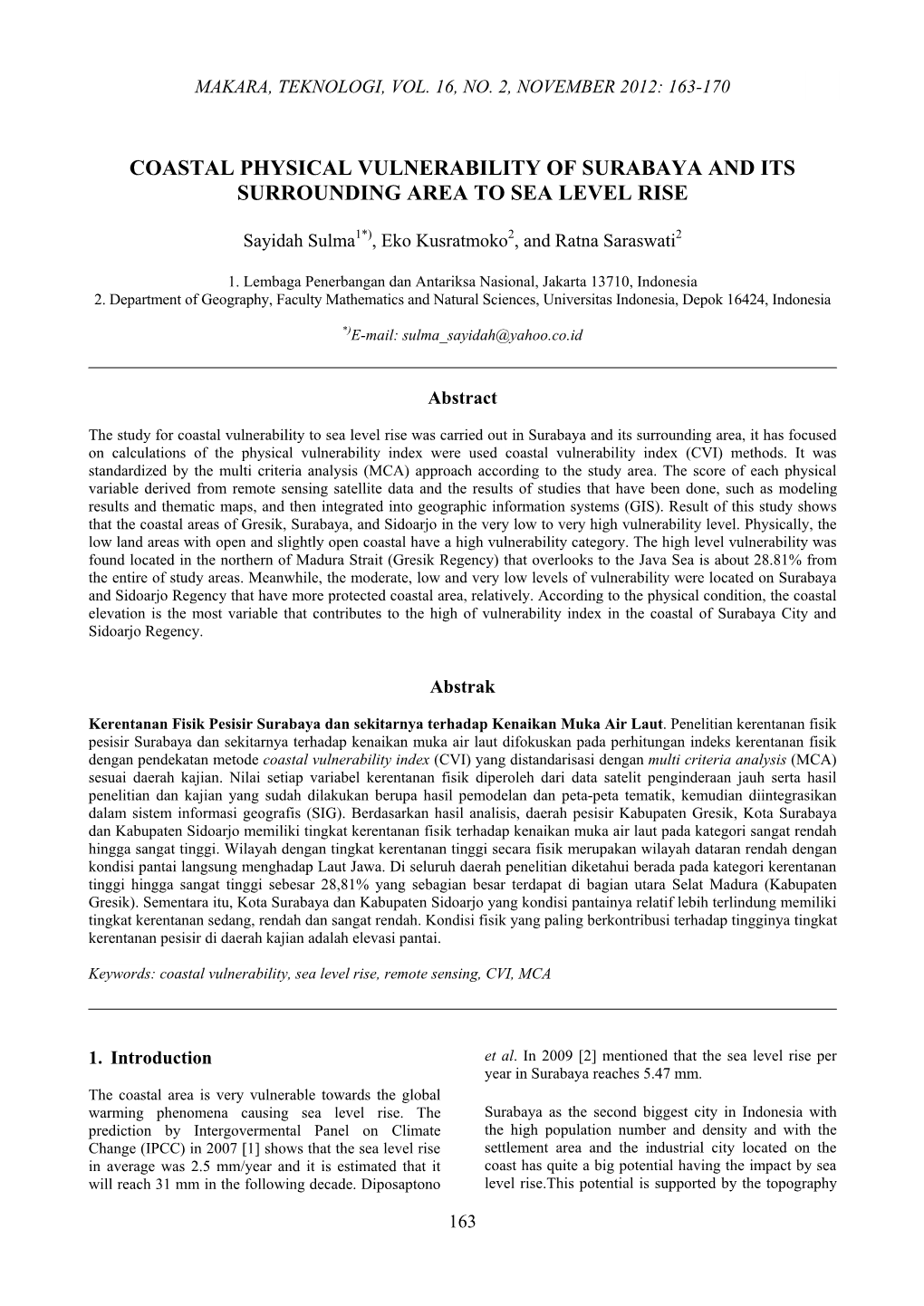 Coastal Physical Vulnerability of Surabaya and Its Surrounding Area to Sea Level Rise