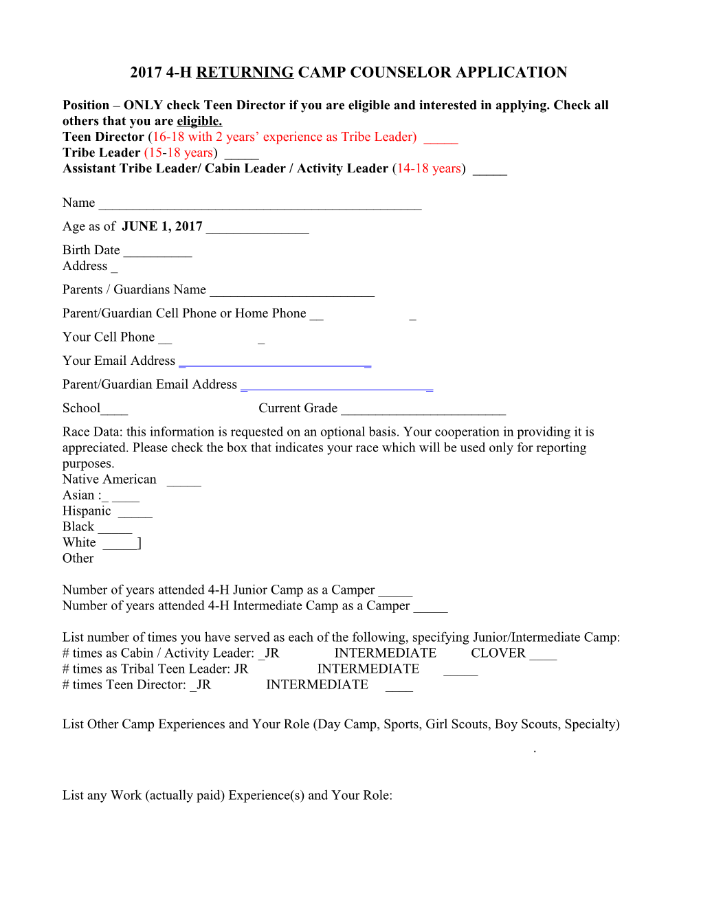 4-H Cit Teen Leader Camp Application