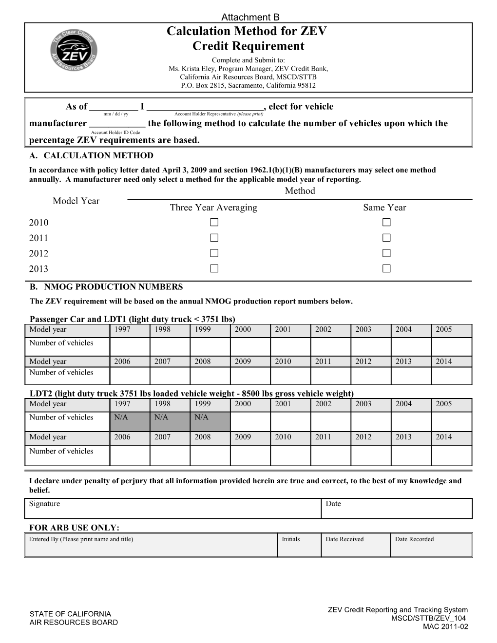 Zero Emission Vehicle Credit Transfer Form