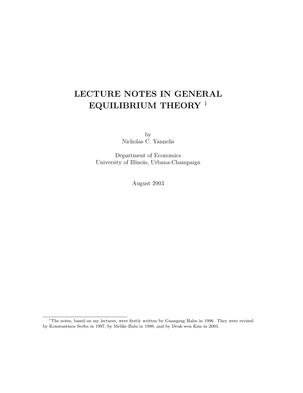 Lecture Notes in General Equilibrium Theory 1