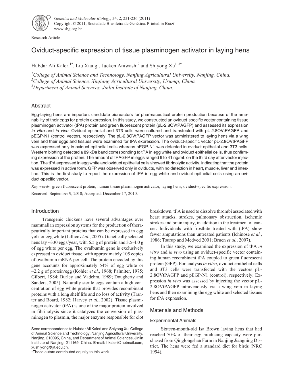 Oviduct-Specific Expression of Tissue Plasminogen Activator in Laying Hens