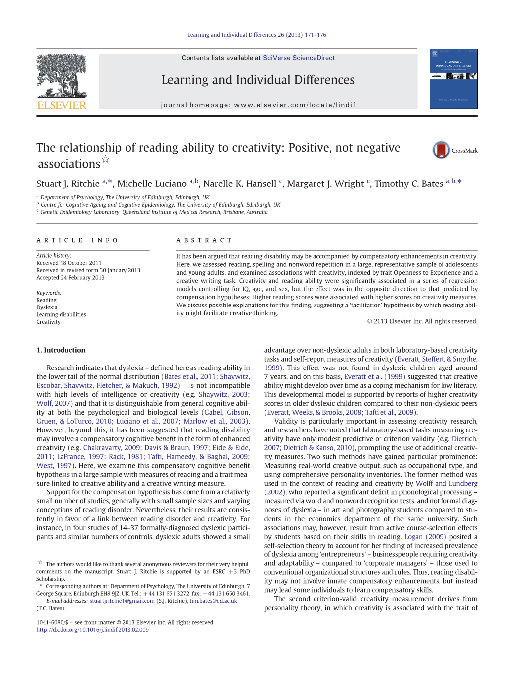 The Relationship of Reading Ability to Creativity: Positive, Not Negative Associations☆