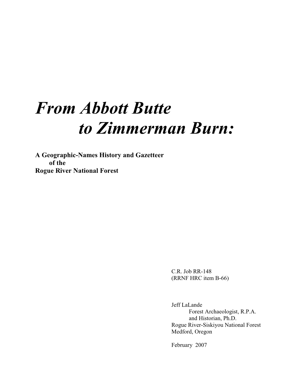 From Abbott Butte to Zimmerman Burn: a Geographic-Names History And
