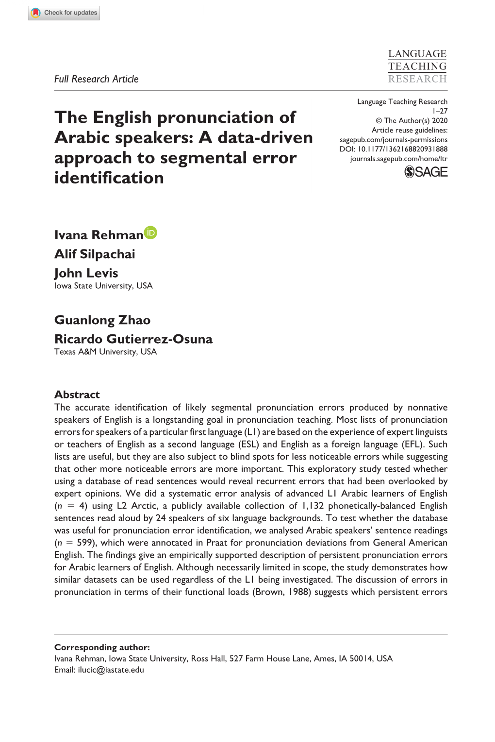 The English Pronunciation of Arabic Speakers: a Data-Driven Approach to Segmental Error Identification