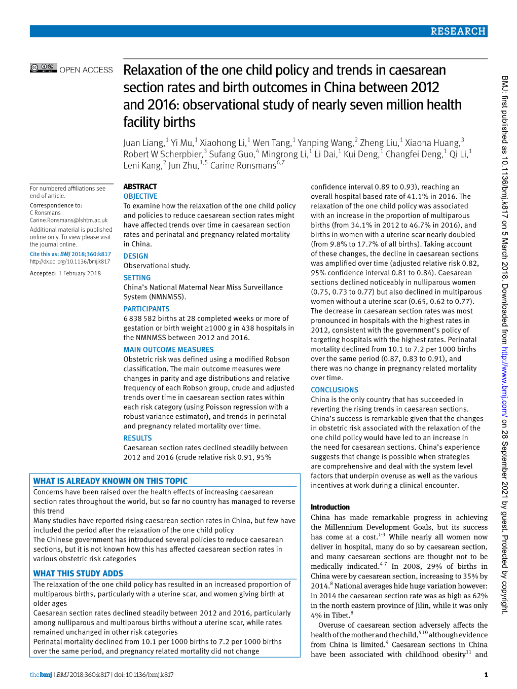 Relaxation of the One Child Policy and Trends in Caesarean Section Rates and Birth Outcomes in China Between 2012 and 2016