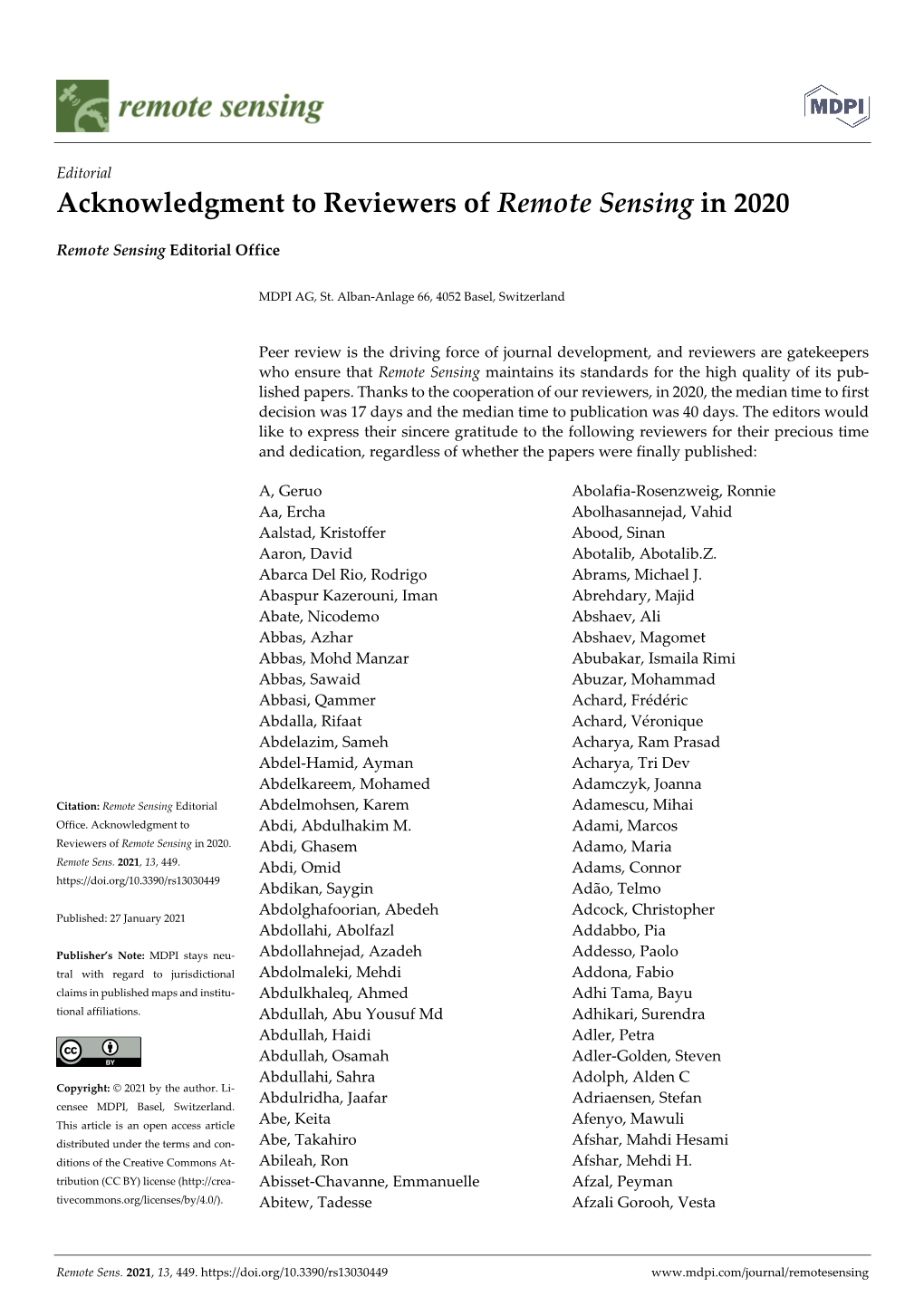 Acknowledgment to Reviewers of Remote Sensing in 2020