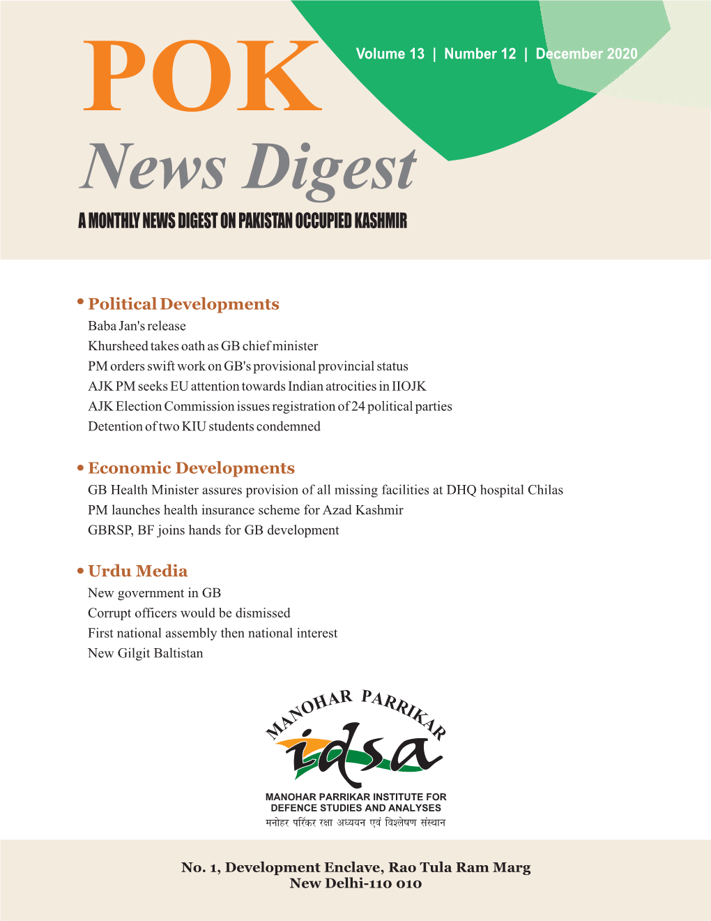 December 2020 News Digest a MONTHLY NEWS DIGEST on PAKISTAN OCCUPIED KASHMIR