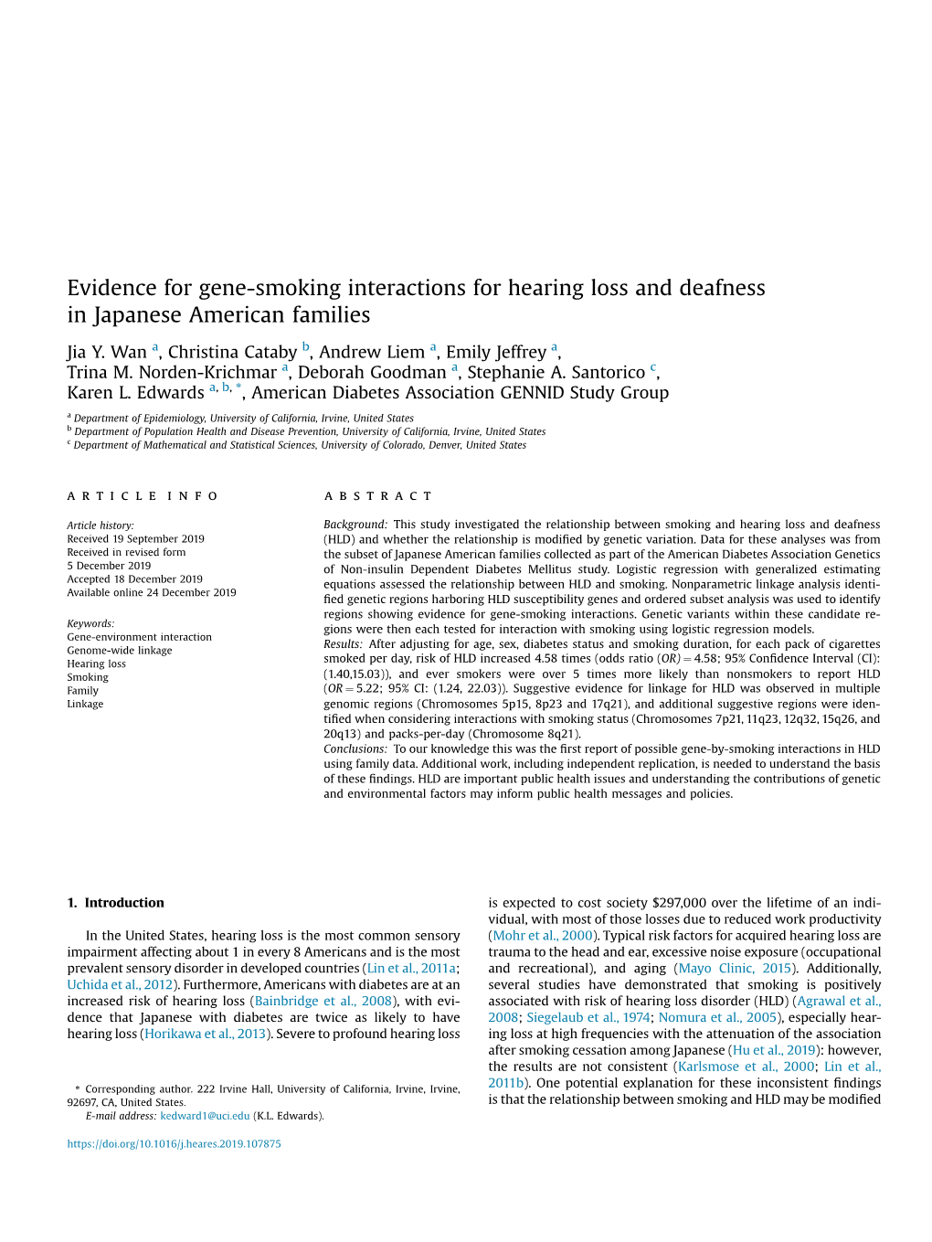 Evidence for Gene-Smoking Interactions for Hearing Loss and Deafness in Japanese American Families